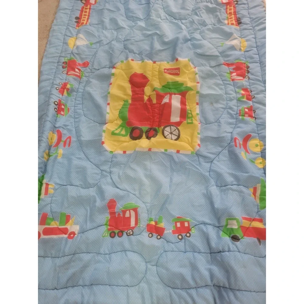 Vintage Playskool Quilted Baby Blanket Train Fire Truck full comforter 53x33
